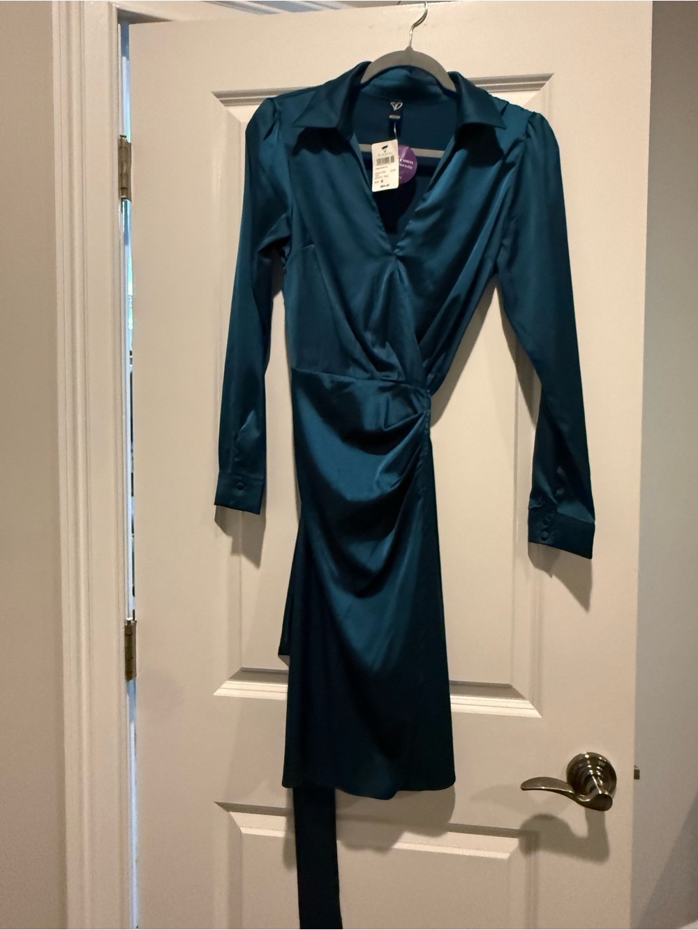 NWT Teal Satin Wrap Midi Dress - Women's Elegant Long-Sleeve